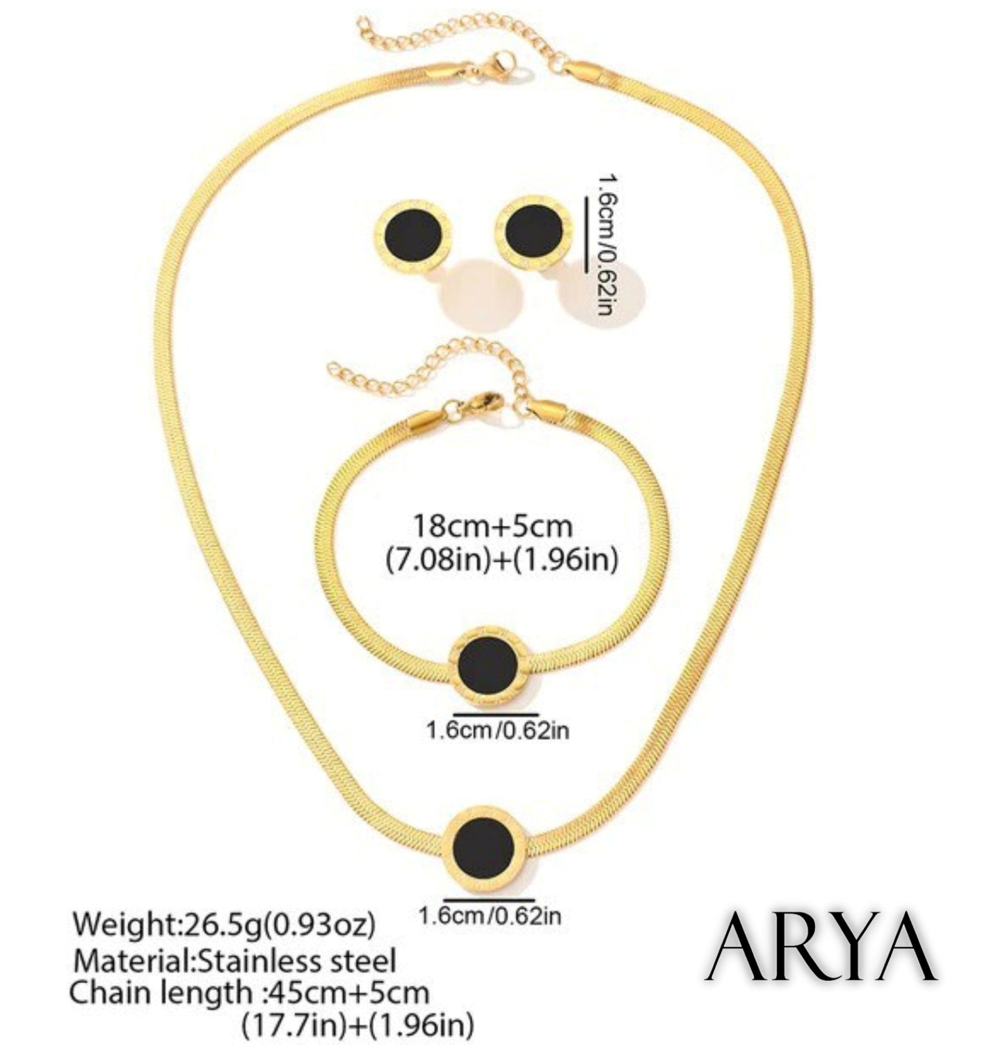 Set collana bracciale orecchini donna in acciaio inossidabile placcato oro – gioielli geometrici con ciondolo nero – regalo moda elegante