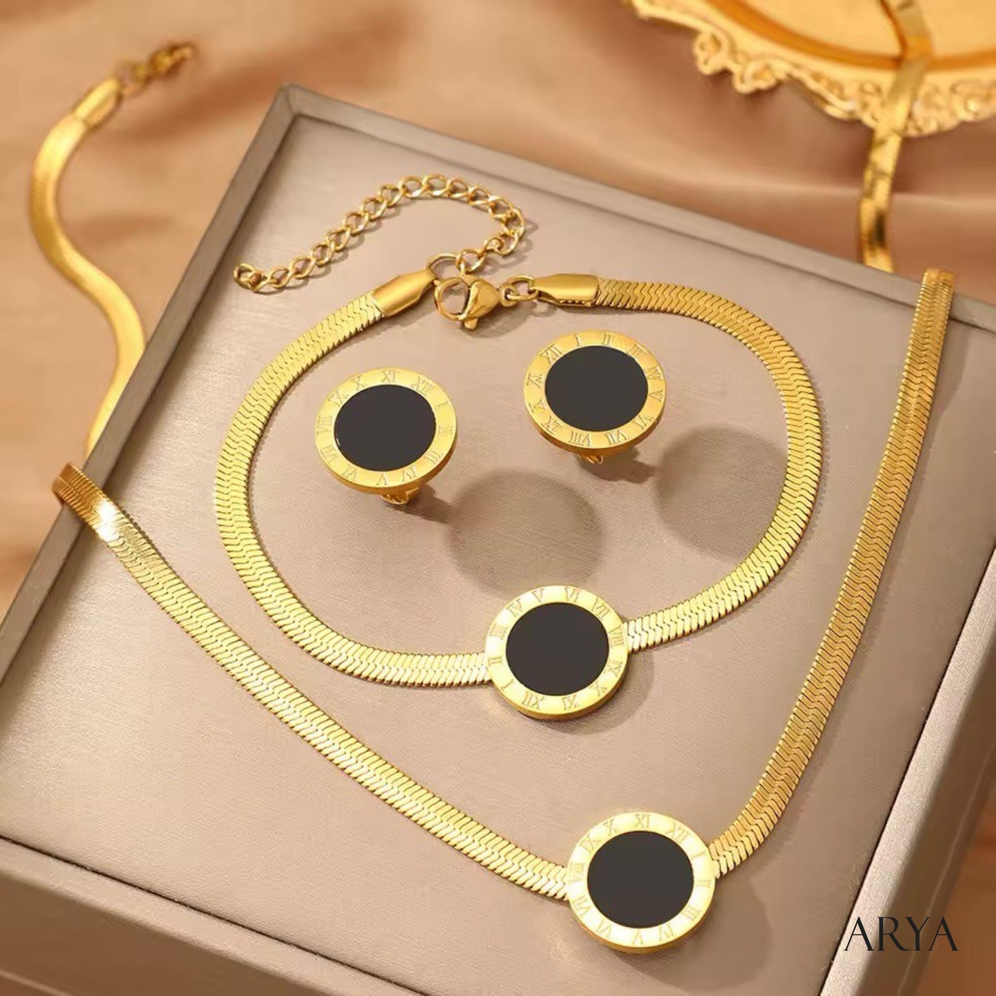 Set collana bracciale orecchini donna in acciaio inossidabile placcato oro – gioielli geometrici con ciondolo nero – regalo moda elegante