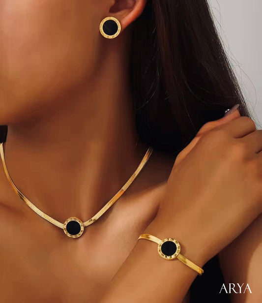 Set collana bracciale orecchini donna in acciaio inossidabile placcato oro – gioielli geometrici con ciondolo nero – regalo moda elegante