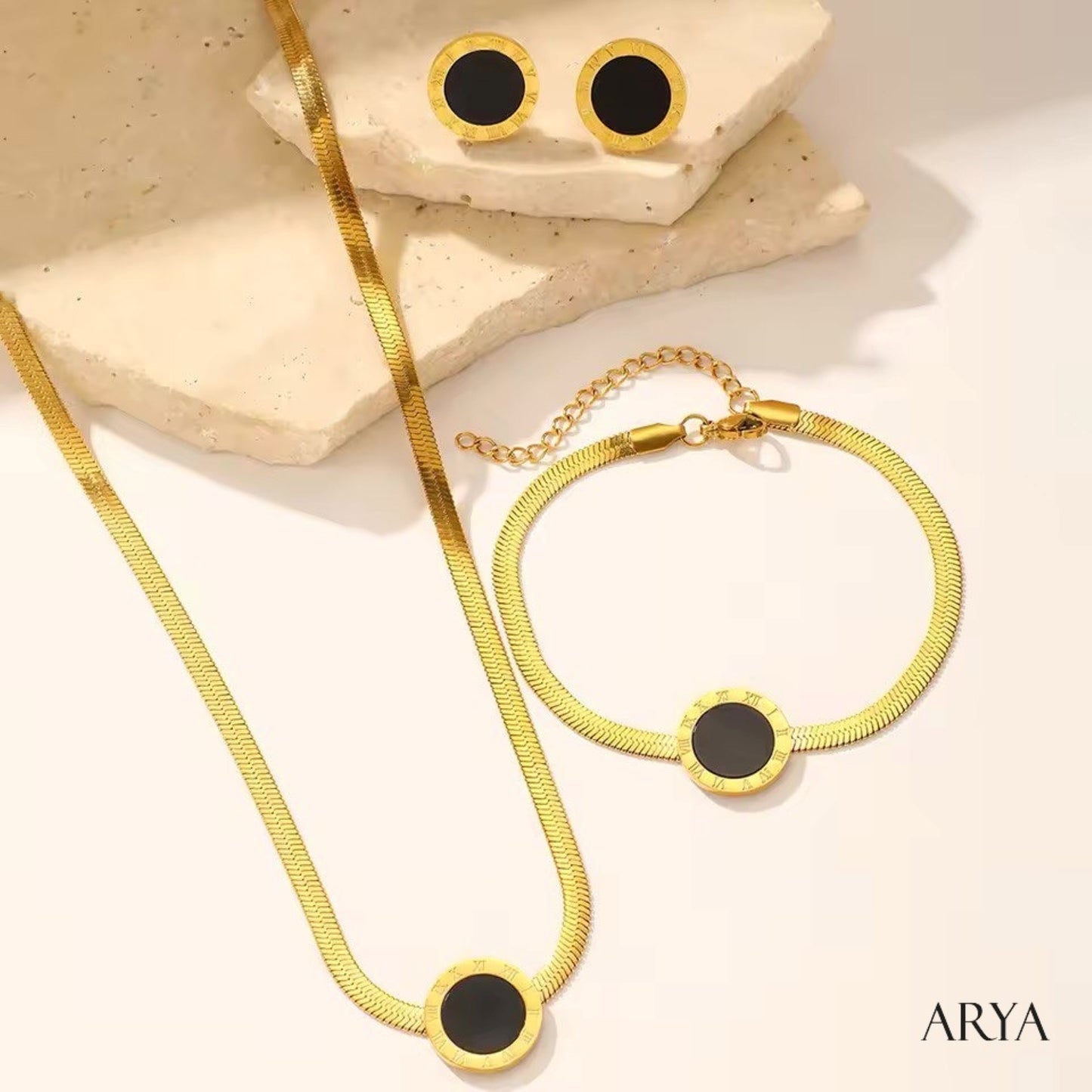 Set collana bracciale orecchini donna in acciaio inossidabile placcato oro – gioielli geometrici con ciondolo nero – regalo moda elegante